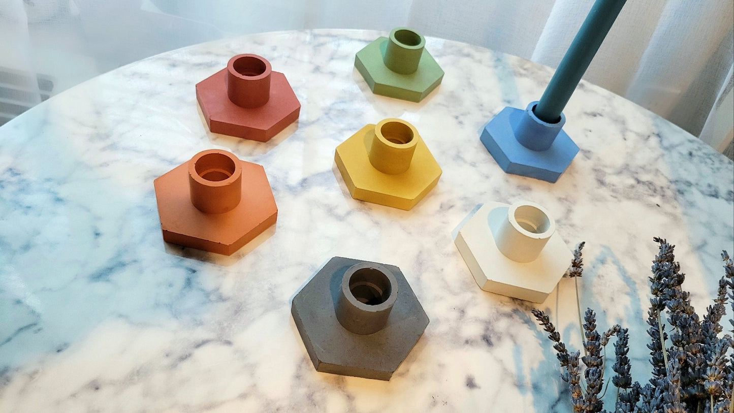 Candle Stick Holder | Cement Candle Holder with Hexagon Shaped Base | Table Decor | Colorful Tablescape Decor | Minimalist Concrete Decor