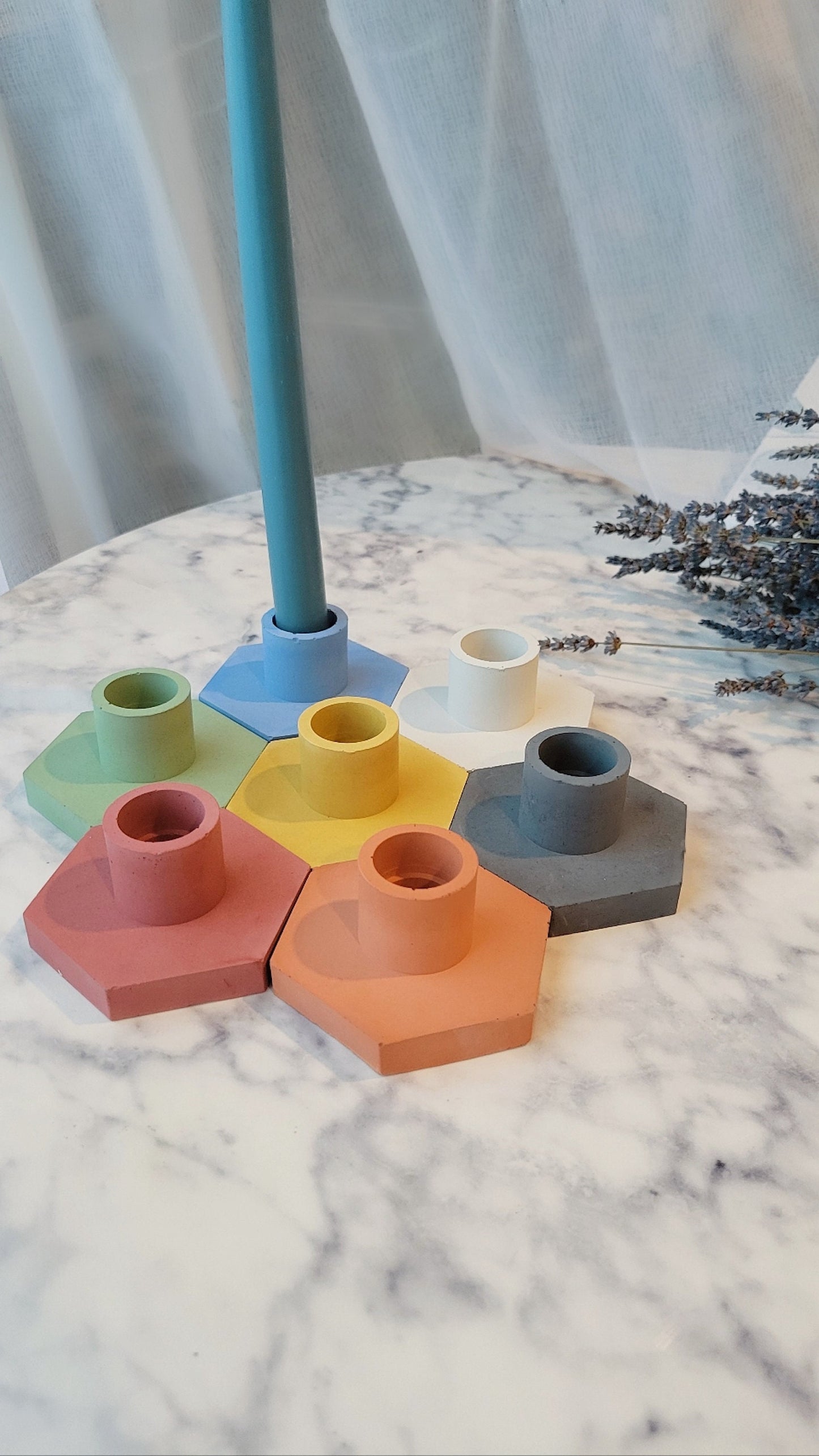 Candle Stick Holder | Cement Candle Holder with Hexagon Shaped Base | Table Decor | Colorful Tablescape Decor | Minimalist Concrete Decor